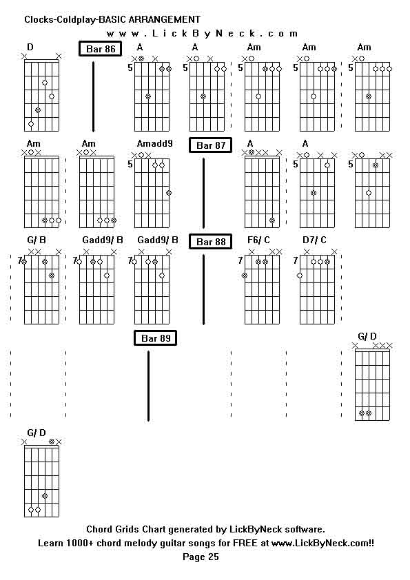 Chord Grids Chart of chord melody fingerstyle guitar song-Clocks-Coldplay-BASIC ARRANGEMENT,generated by LickByNeck software.